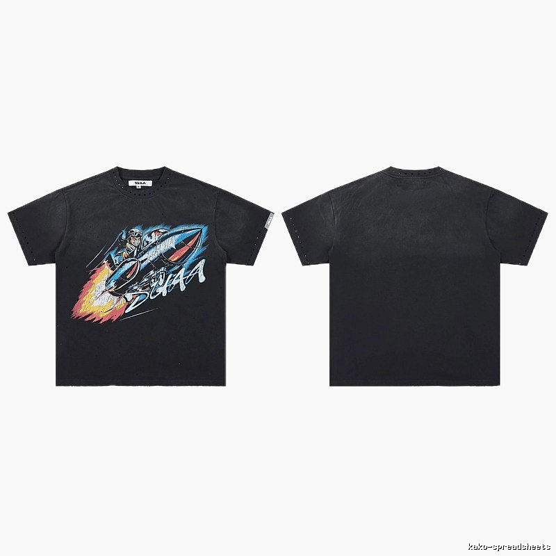 DUAA Rocket Print Vintage Style Black Short-sleeve T-shirt