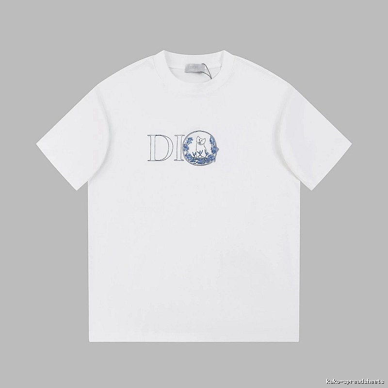 Dior Cat-Embroidered Light Luxury Style White Short-sleeve T-shirt