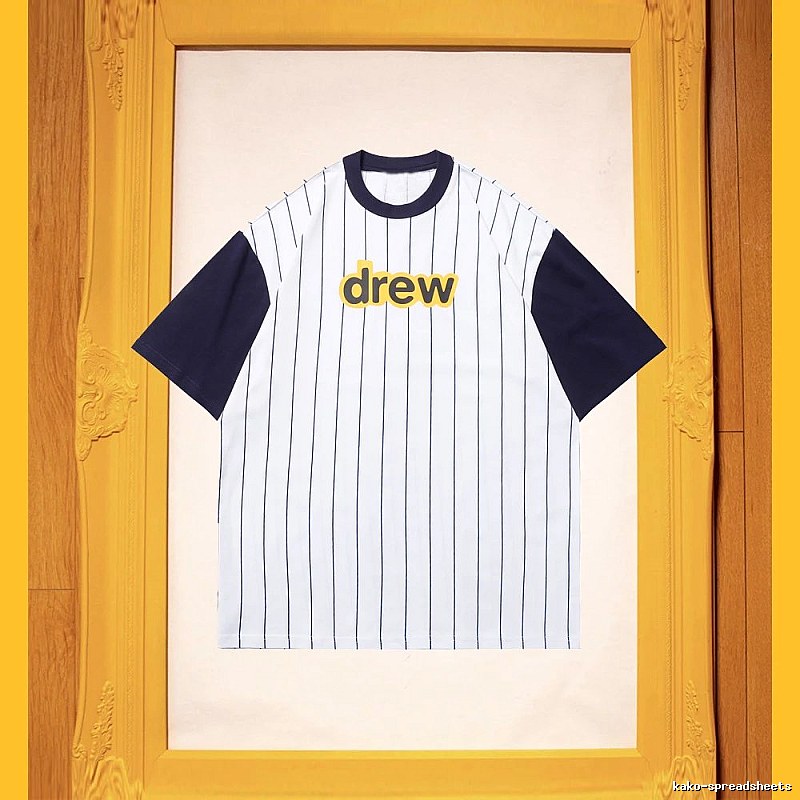 DREW Letter Print Street Style White and Navy Blue Short Sleeve T-Shirt