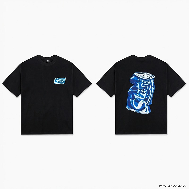 Stussy's black T-shirt with a can-style design
