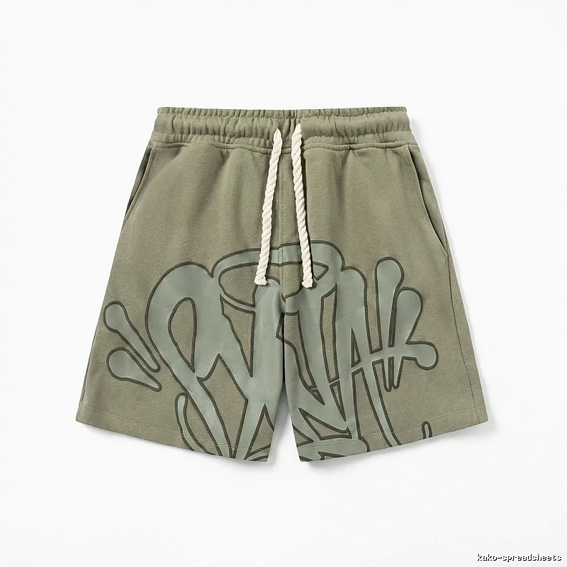 SynaWorld graffiti-style military green shorts