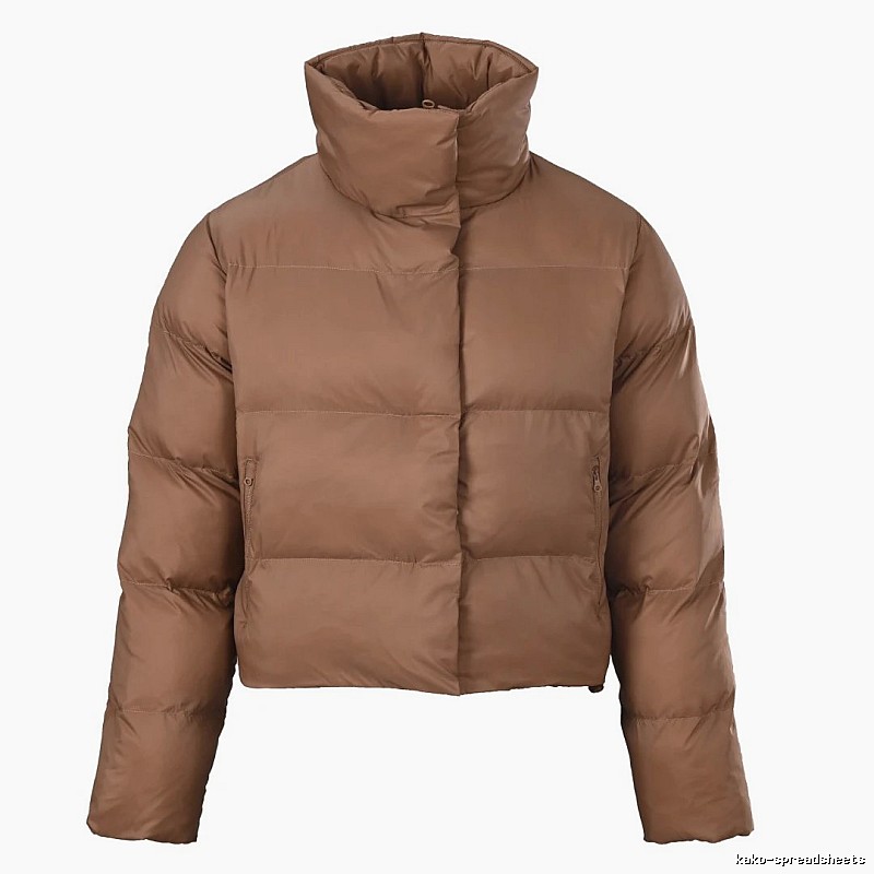 Wide Baffles And A Cropped Cold-Weather Fit Warm Brown Stand-Collar Puffer Jacket